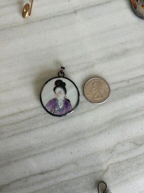 Hand-Painted Asian Portrait Pendant Necklace - Purple